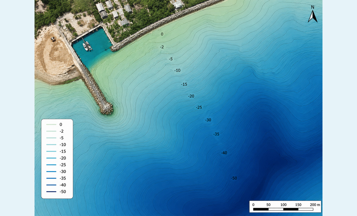 Bathymetric contour map showing seabed depth levels