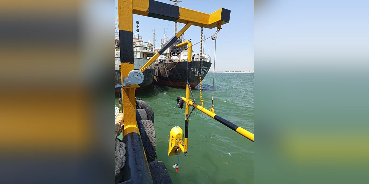 Bathymetric survey equipment deployed from a vessel