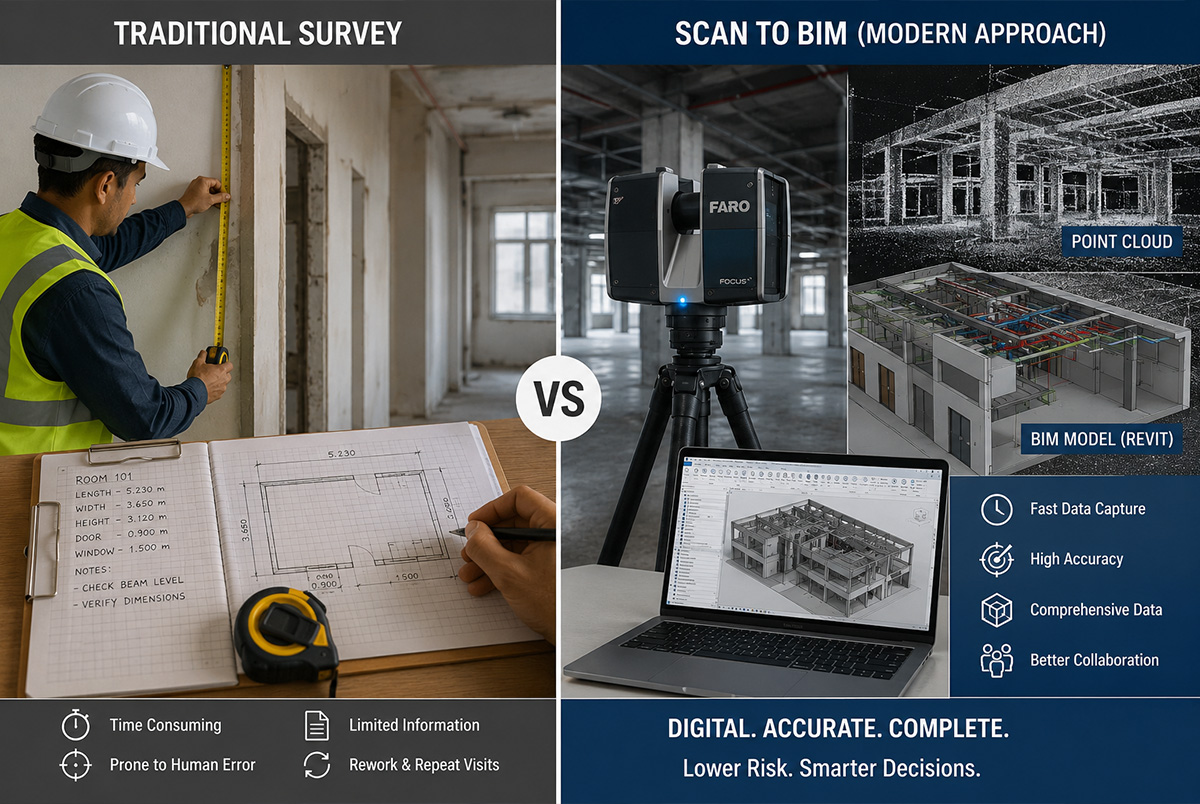 Traditional building measurement vs Scan to BIM comparison