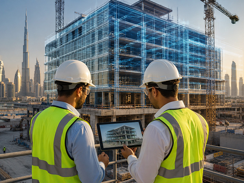 Engineers reviewing a BIM model for a commercial construction