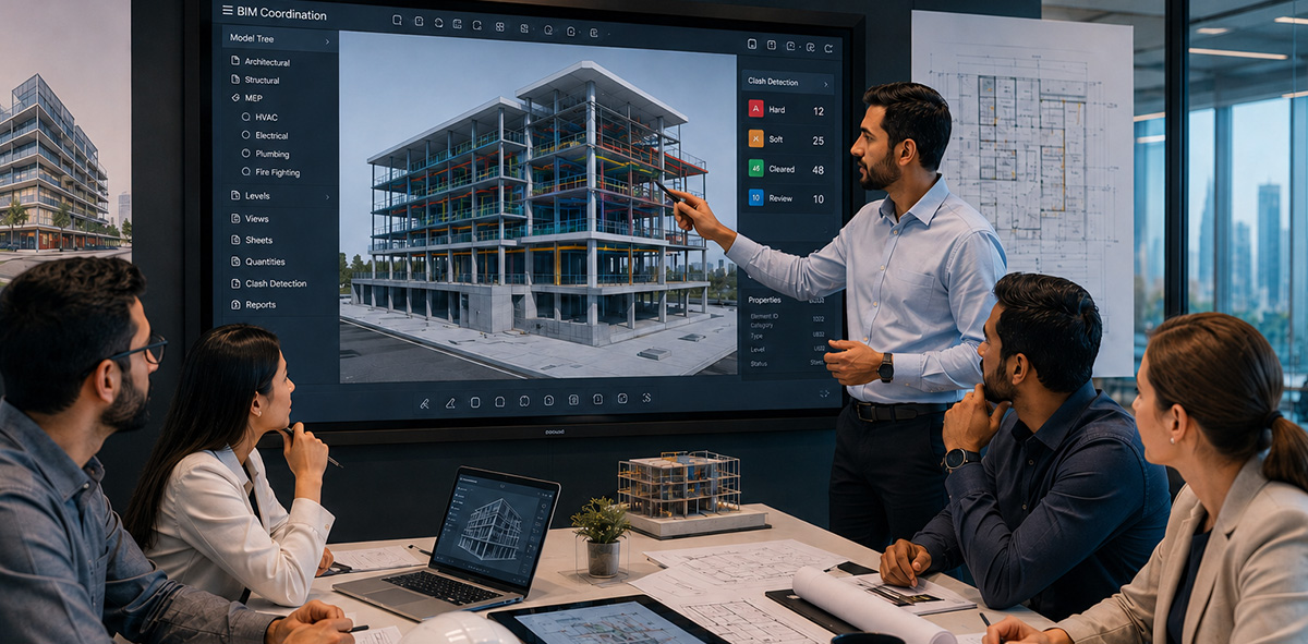 Engineering team reviewing a BIM model