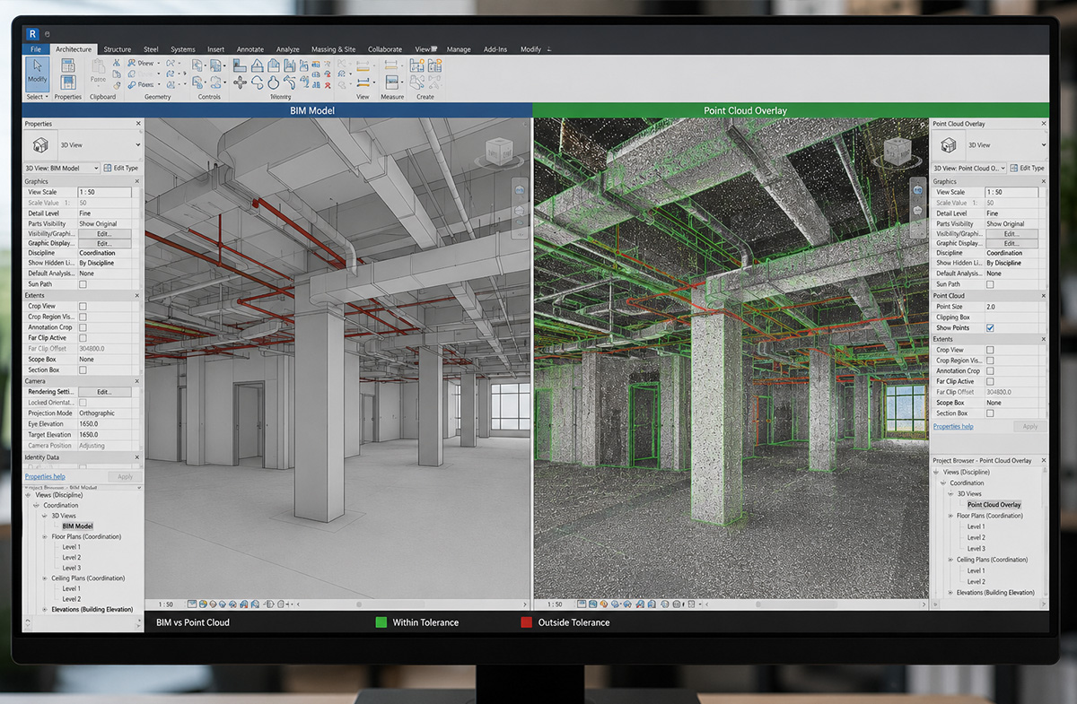 BIM model overlaid with point cloud data for quality verification.