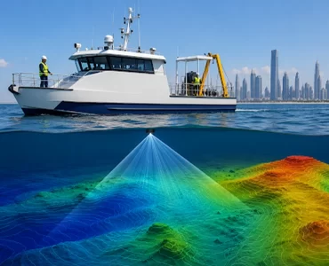 Bathymetric survey vessel collecting underwater depth measurements