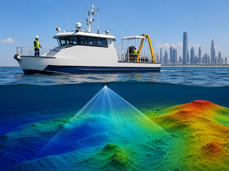 Bathymetric survey vessel collecting underwater depth measurements