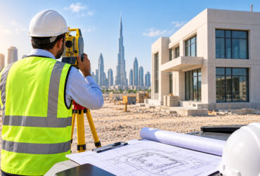 Surveyor conducting an as-built survey at a Dubai construction site