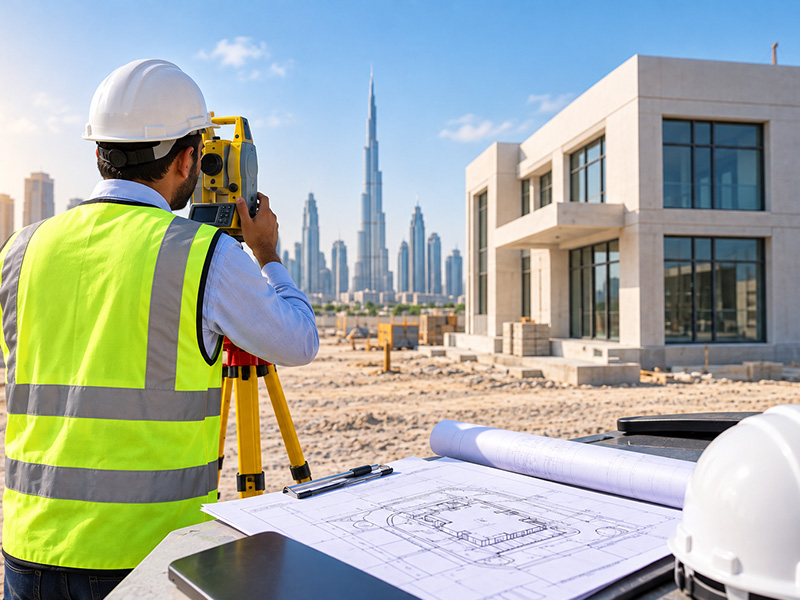Surveyor conducting an as-built survey at a Dubai construction site