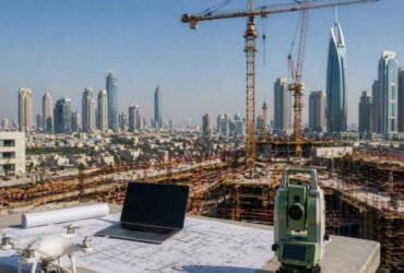 Construction surveying equipment at a construction site in Dubai