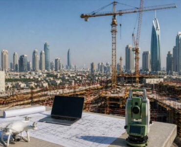 Construction surveying equipment at a construction site in Dubai