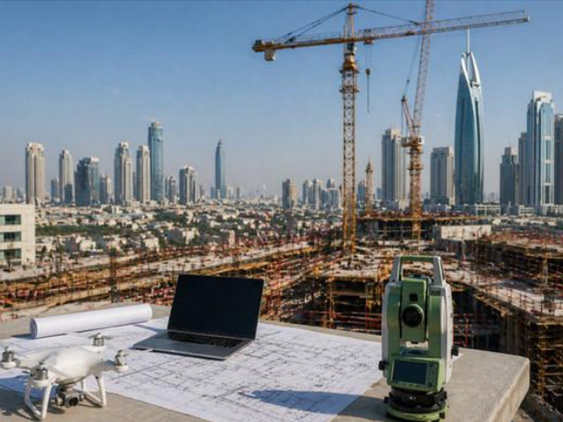 Construction surveying equipment at a construction site in Dubai
