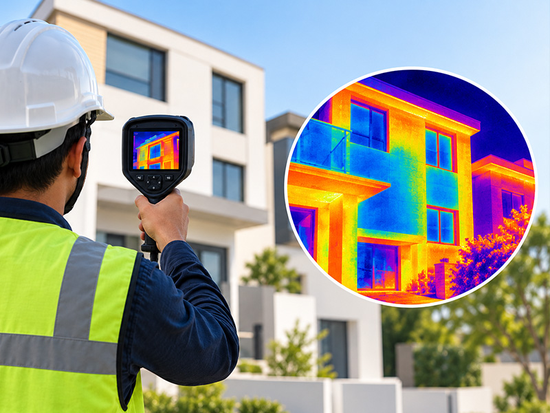 Thermal imaging inspection of a modern building using an infrared camera 