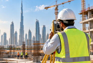 Third-party surveyor conducting construction site measurements