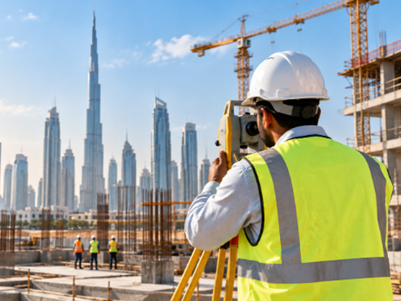 Third-party surveyor conducting construction site measurements