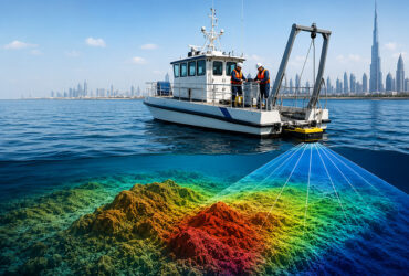 Bathymetry survey vessel using sonar to map the seabed in Dubai waters