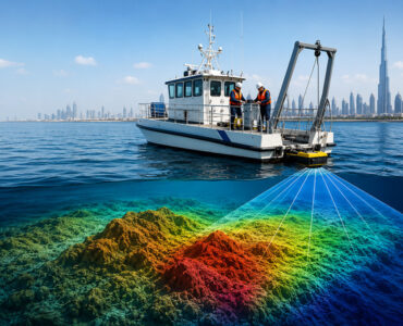 Bathymetry survey vessel using sonar to map the seabed in Dubai waters