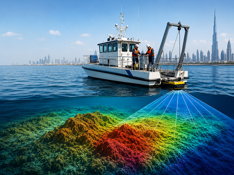 Bathymetry survey vessel using sonar to map the seabed in Dubai waters