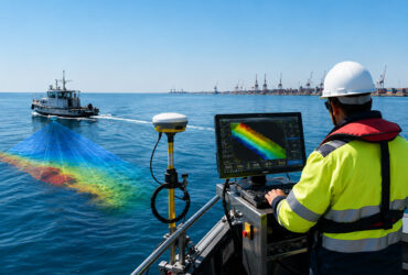 Bathymetry survey technician using sonar equipment to map the underwater seabed