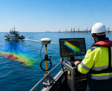 Bathymetry survey technician using sonar equipment to map the underwater seabed