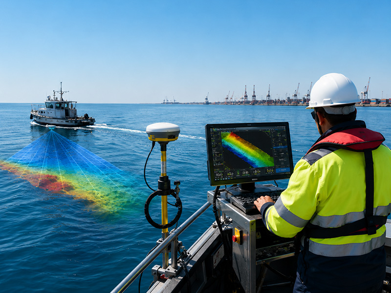 Bathymetry survey technician using sonar equipment to map the underwater seabed