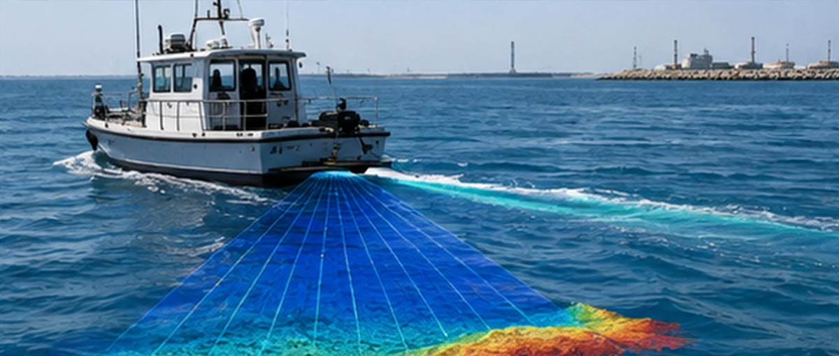Survey boat conducting multibeam bathymetry survey to map the seabed