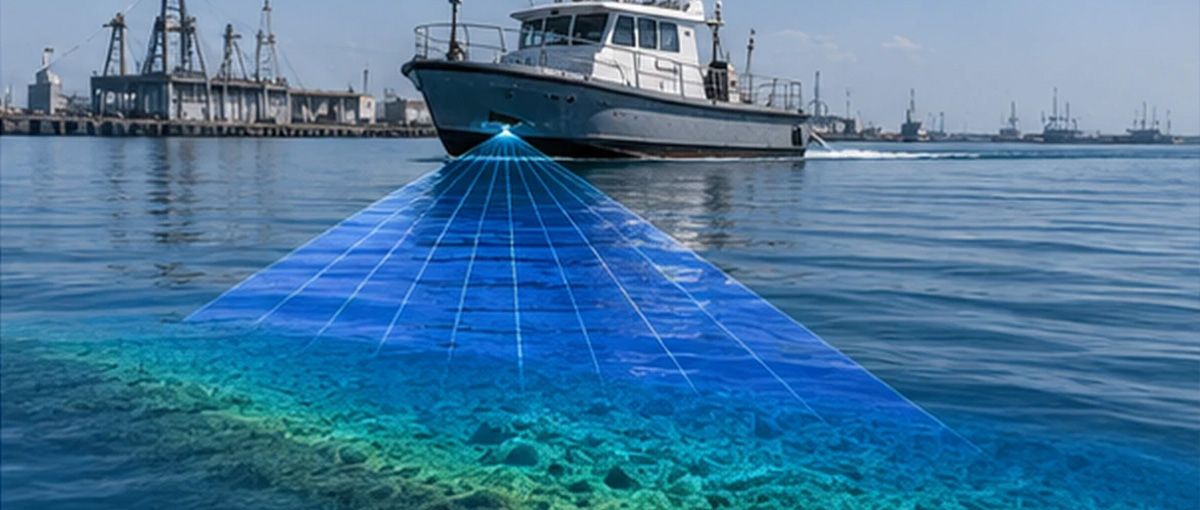 Survey vessel using multibeam sonar to map the underwater seabed